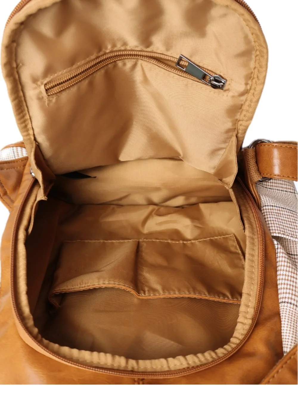 Zocai Plaid Convertible Backpack Shoulder Bag Tan Cream Bow Detachable Pouch